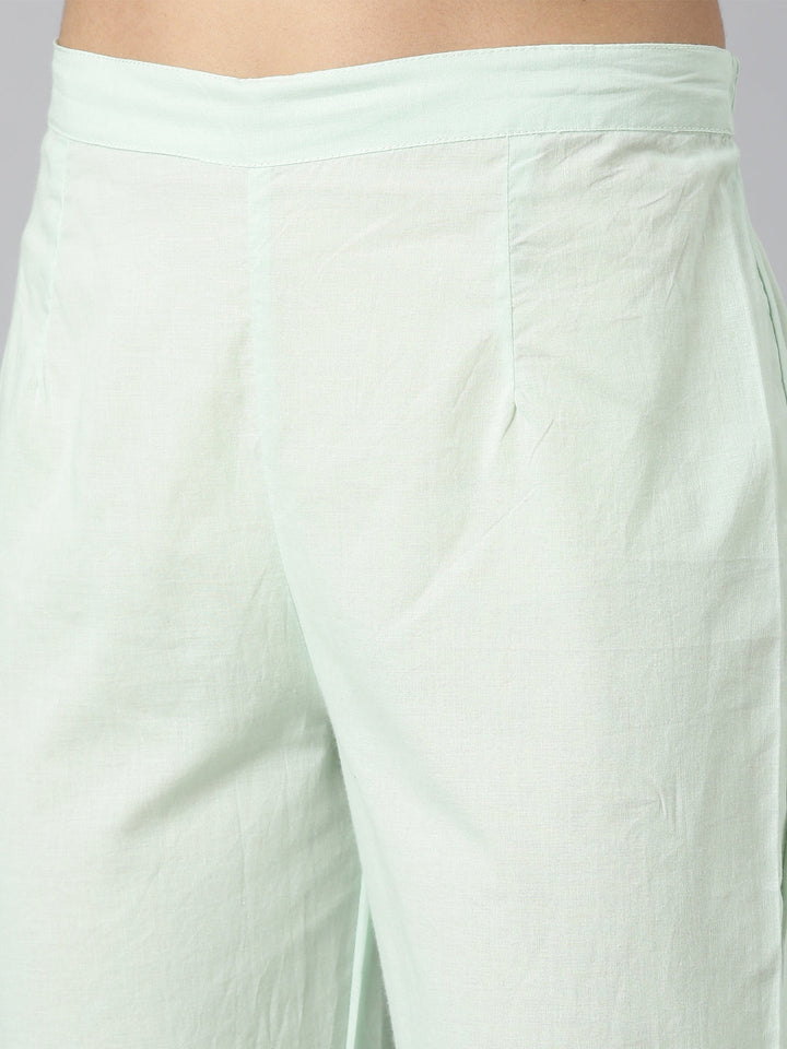 Neerus Green solid straight kurta suit set with trouser and dupatta - detail view 3
