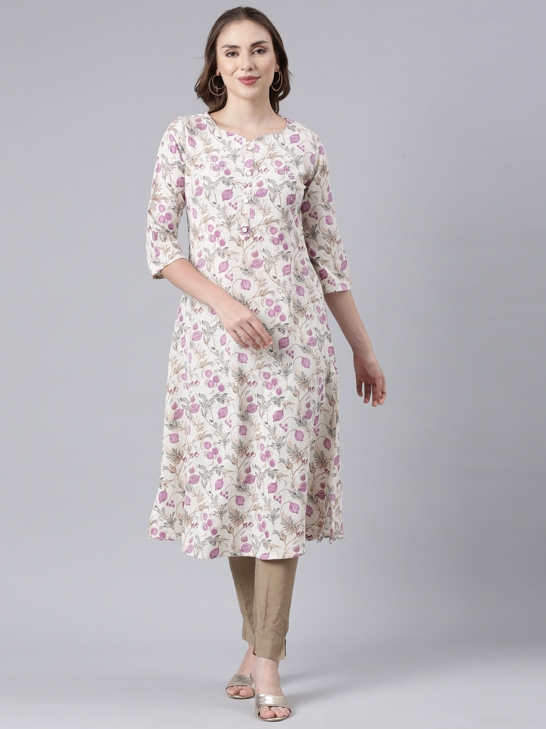 Neerus Beige cotton printed floral straight kurta - front view