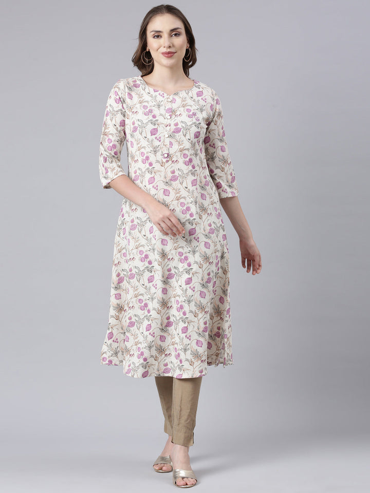 Neerus Beige cotton printed floral straight kurta - front view