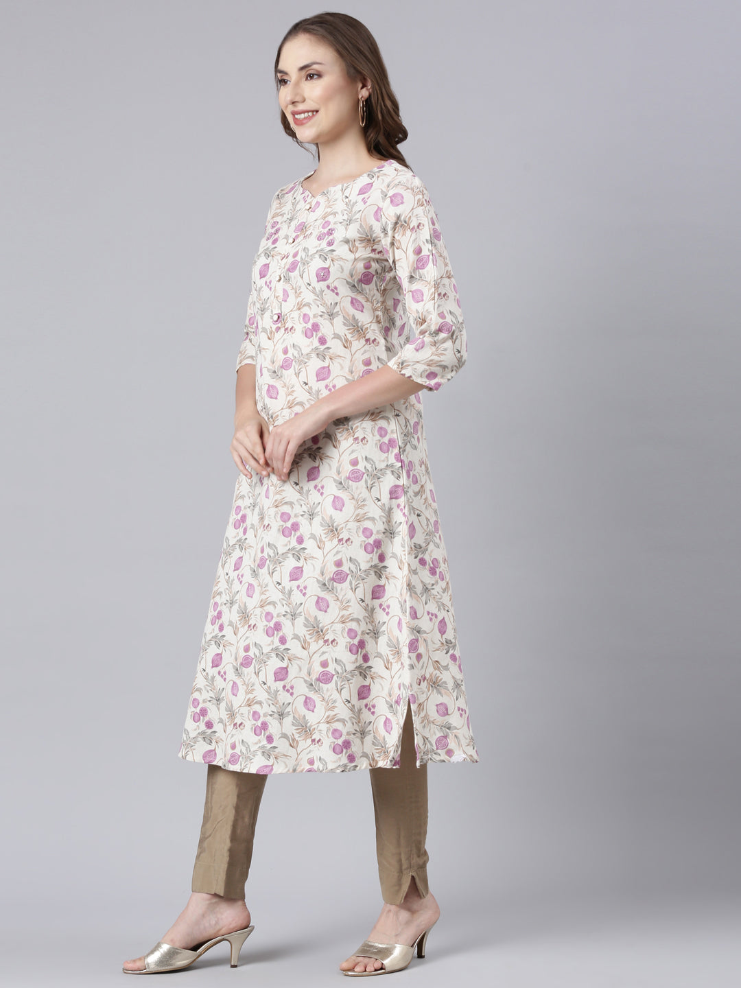 Neerus Beige cotton printed floral straight kurta - back view