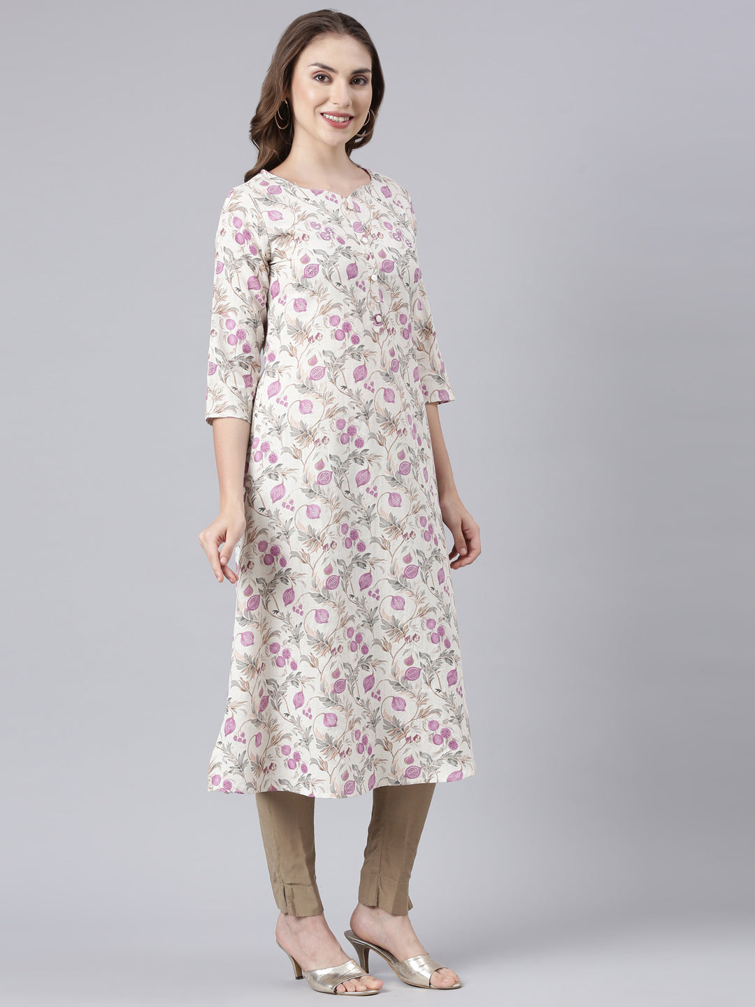 Neerus Beige cotton printed floral straight kurta - side view