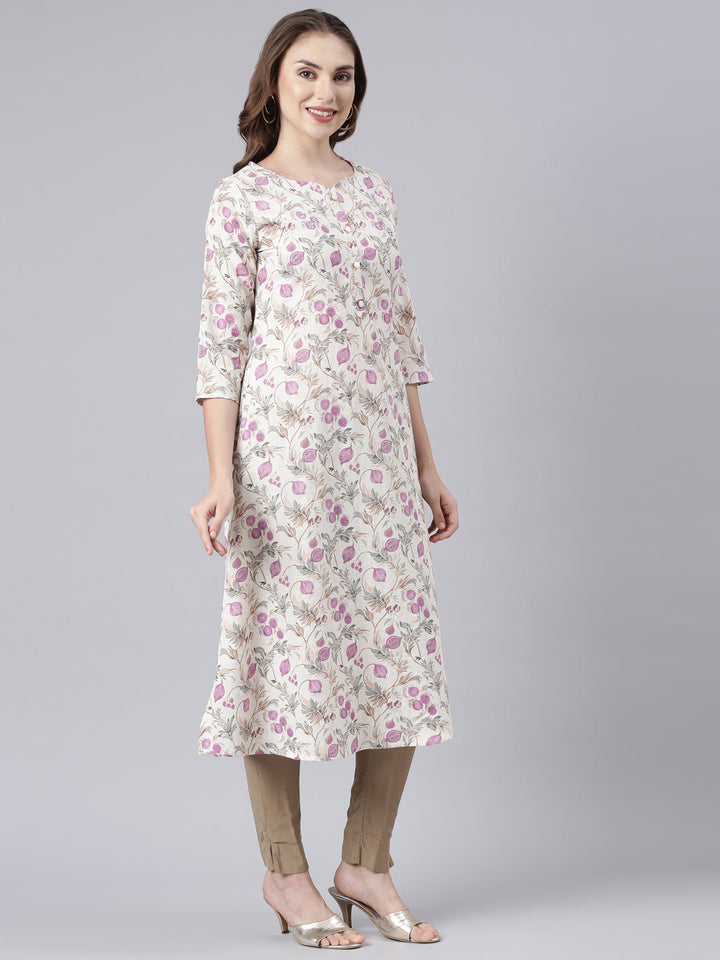 Neerus Beige cotton printed floral straight kurta - side view