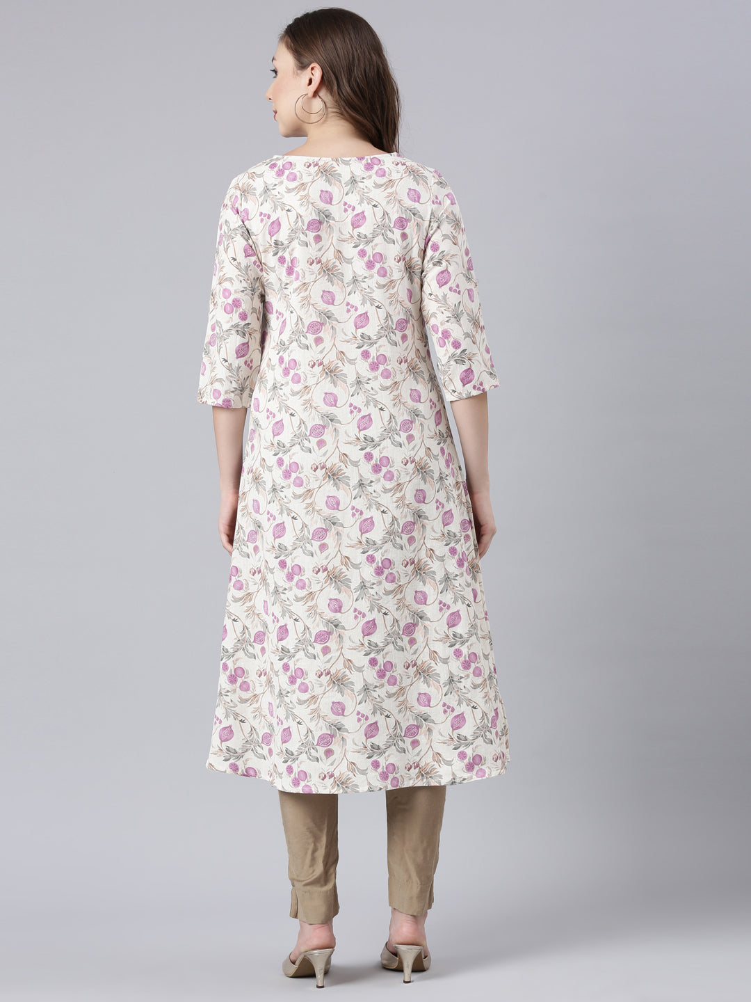 Neerus Beige cotton printed floral straight kurta - detail view 1