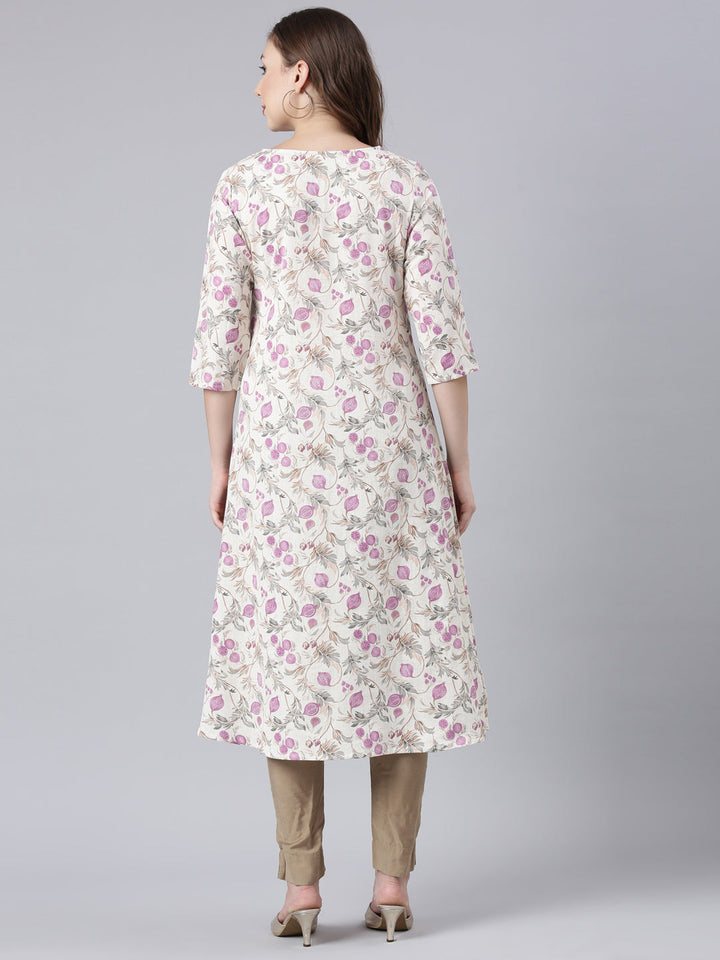 Neerus Beige cotton printed floral straight kurta - detail view 1