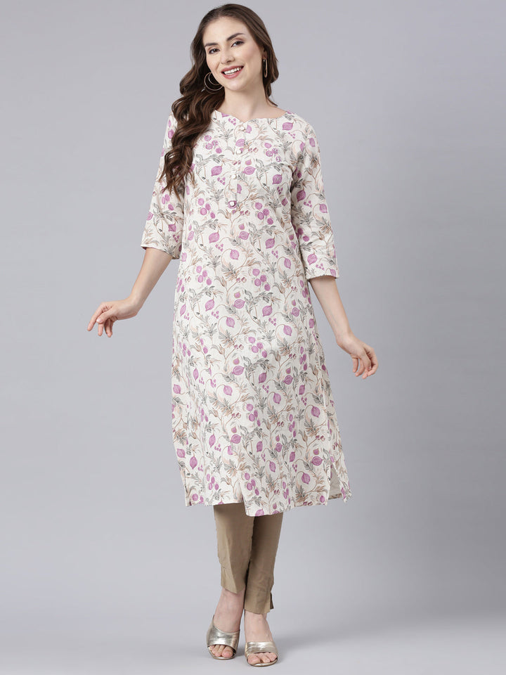 Neerus Beige cotton printed floral straight kurta - detail view 3
