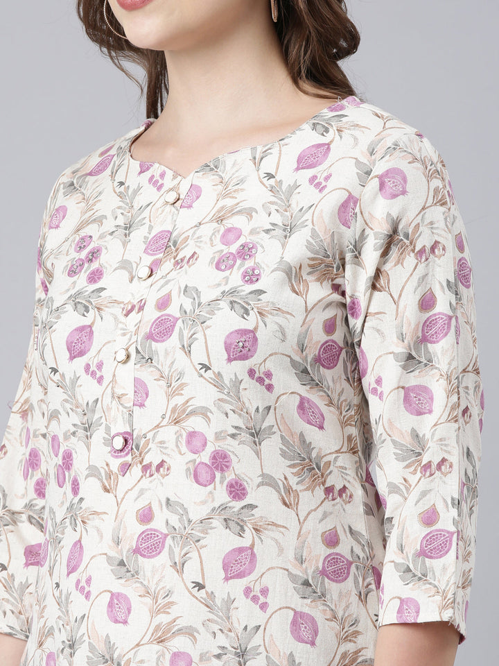 Neerus Beige cotton printed floral straight kurta - detail view 2