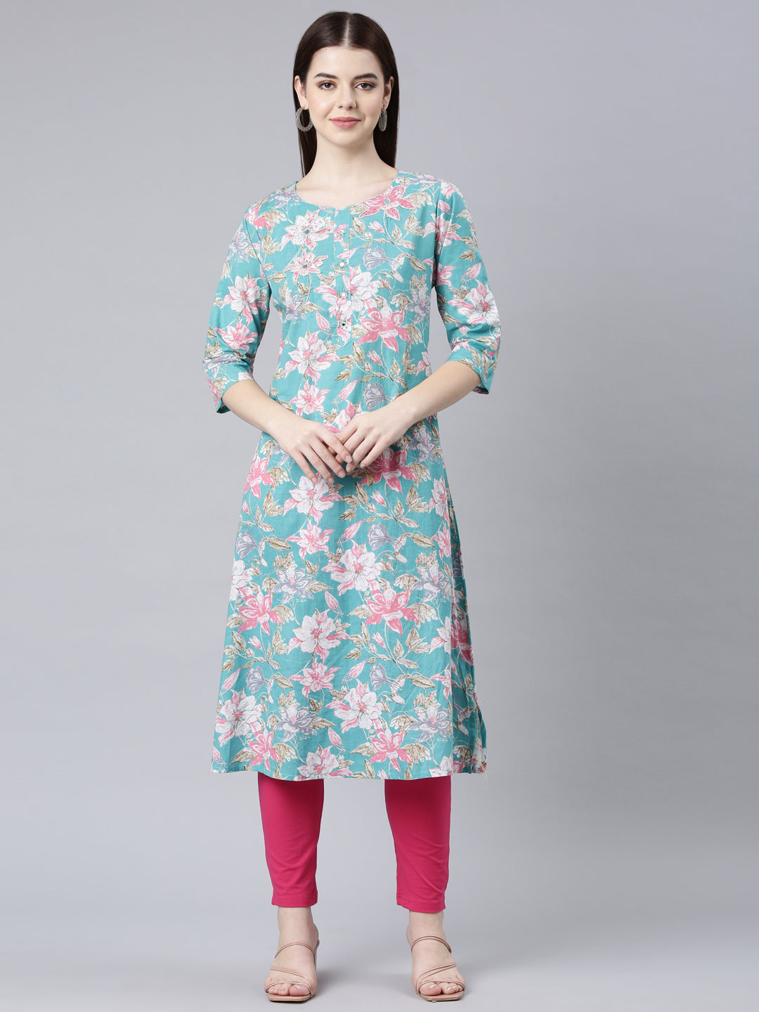 Neerus Green rayon printed straight kurta - front view