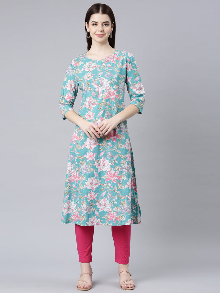Neerus Green rayon printed straight kurta - front view