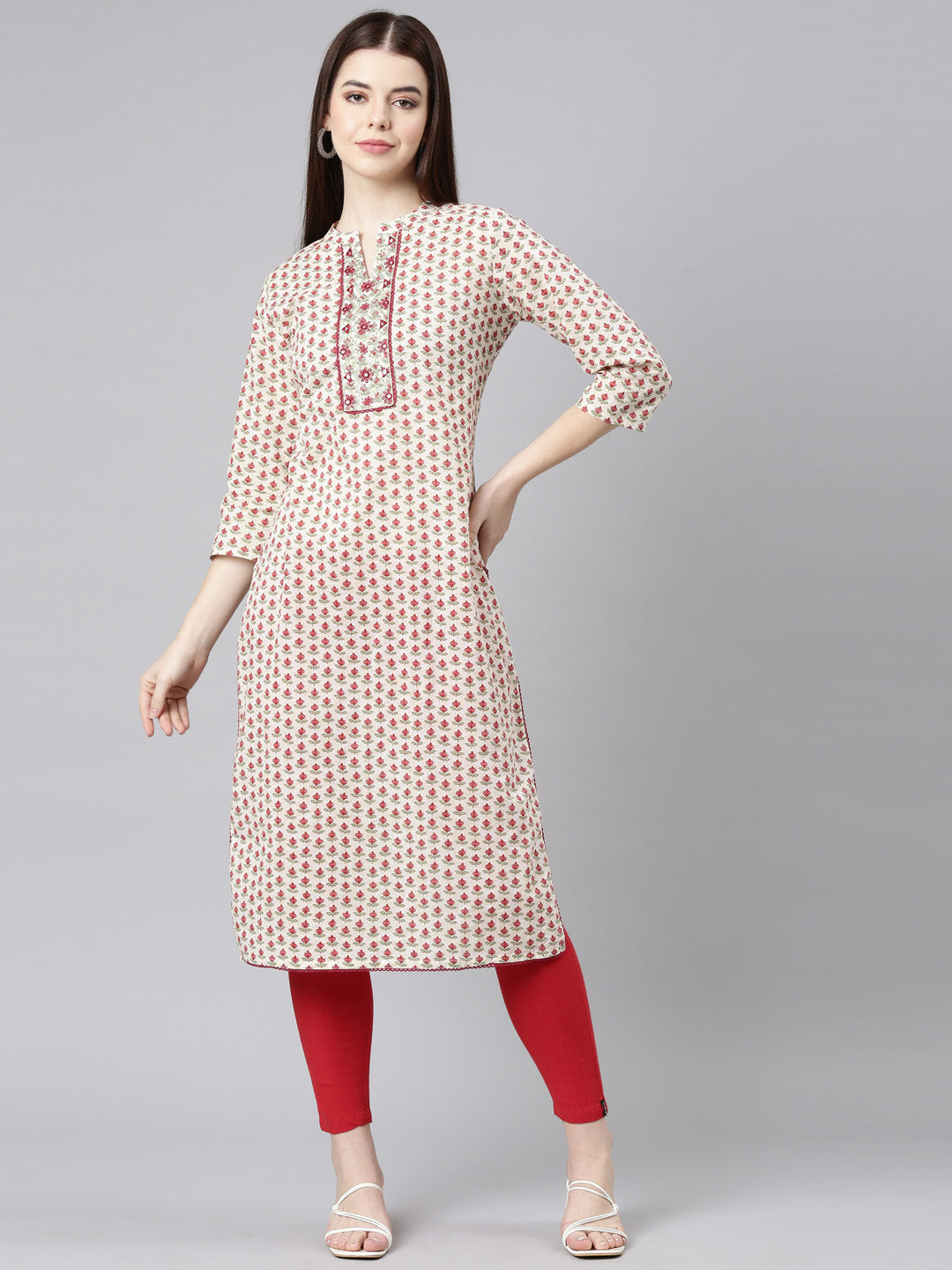 Neerus Beige cotton printed floral straight kurta - front view