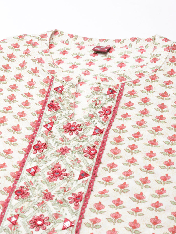 Neerus Beige cotton printed floral straight kurta - back view