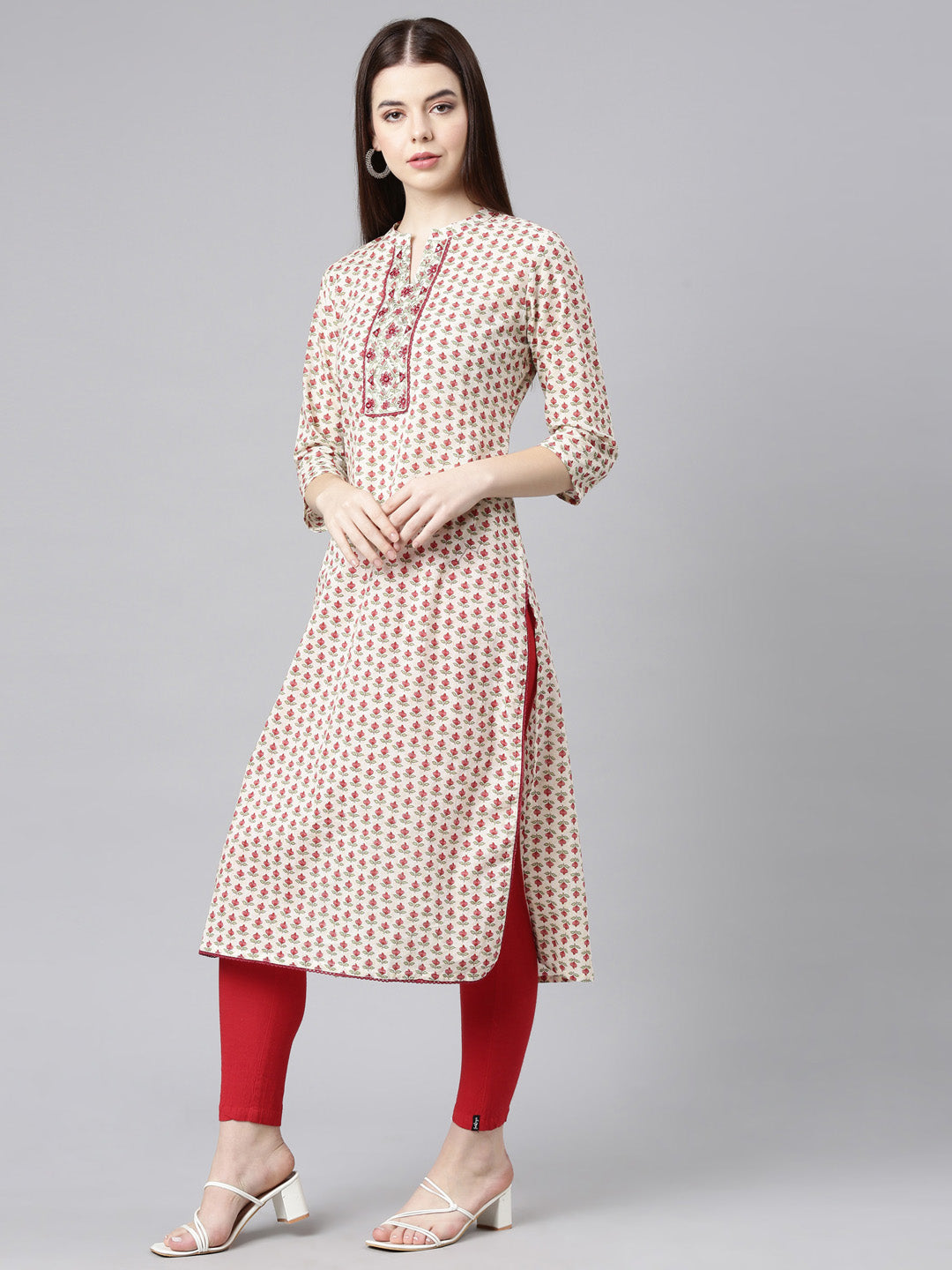 Neerus Beige cotton printed floral straight kurta - side view