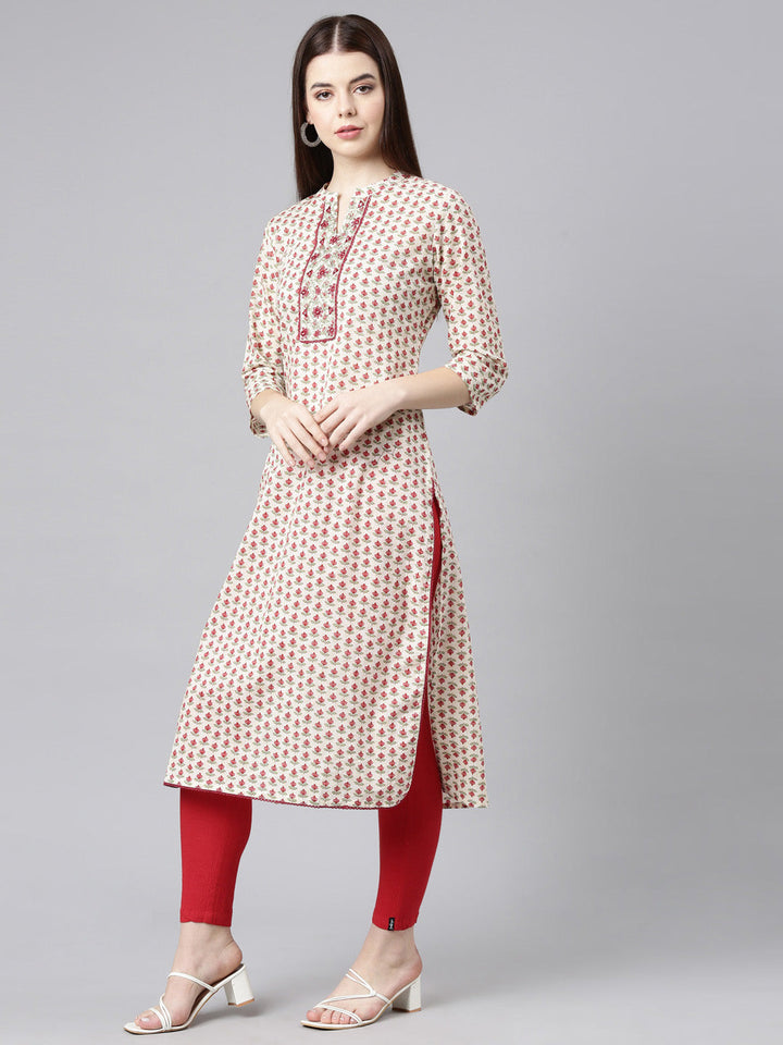 Neerus Beige cotton printed floral straight kurta - side view