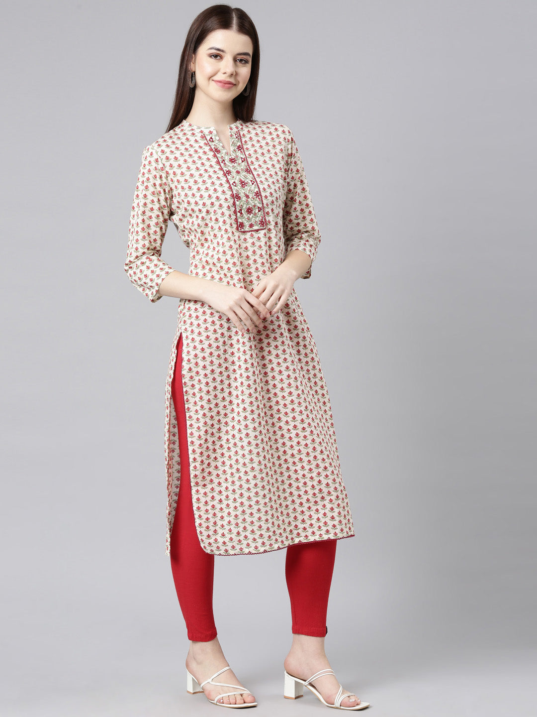 Neerus Beige cotton printed floral straight kurta - detail view 1