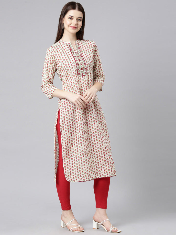 Neerus Beige cotton printed floral straight kurta - detail view 1