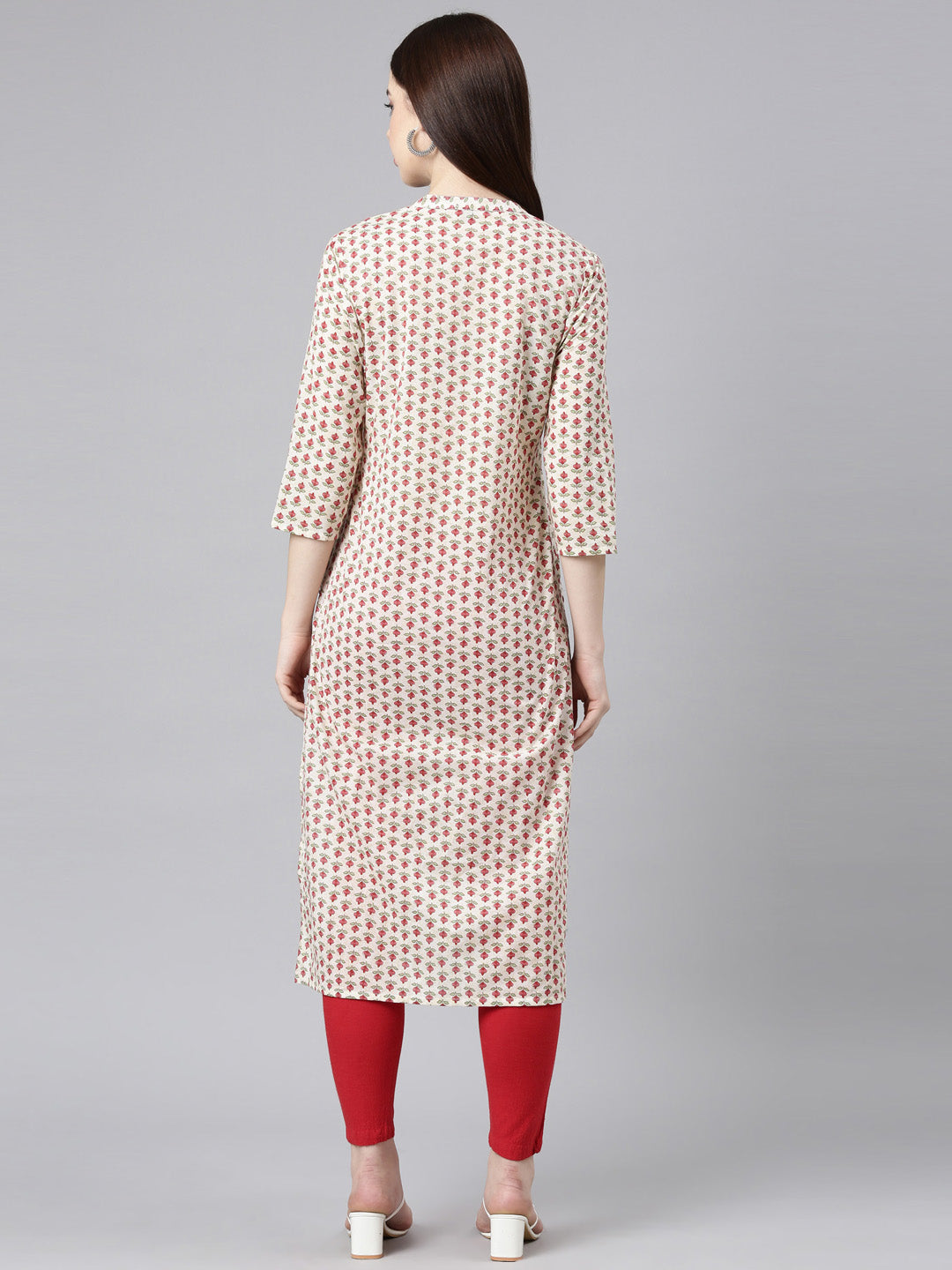 Neerus Beige cotton printed floral straight kurta - detail view 2