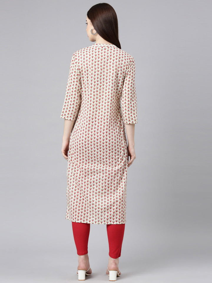 Neerus Beige cotton printed floral straight kurta - detail view 2