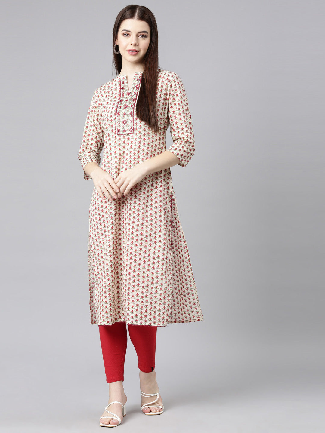 Neerus Beige cotton printed floral straight kurta - detail view 3