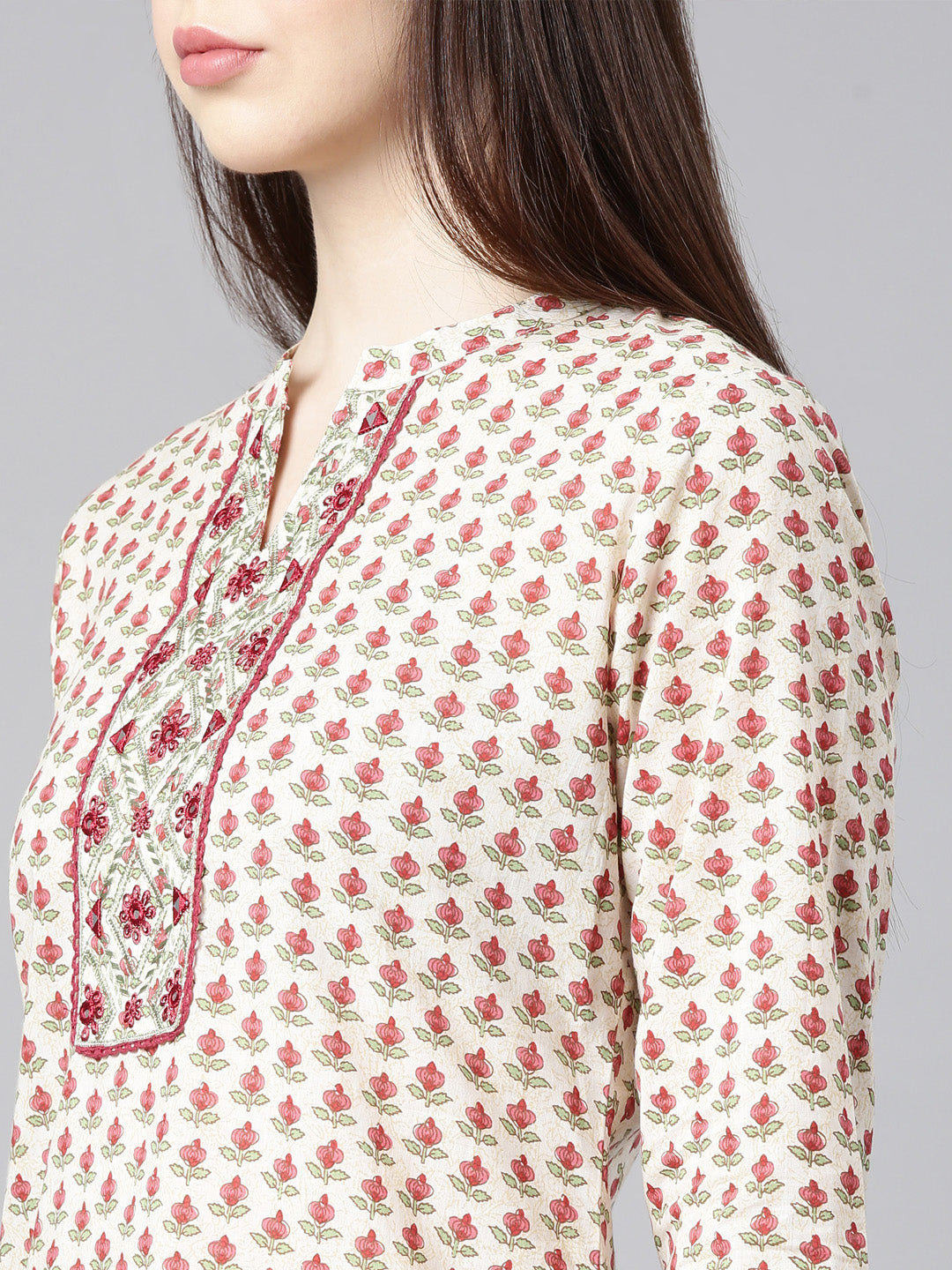 Neerus Beige cotton printed floral straight kurta - detail view 4