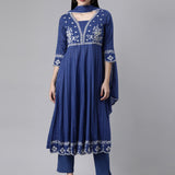 Neerus Blue Casual Solid Anarkali Kurta and Trousers With Dupatta