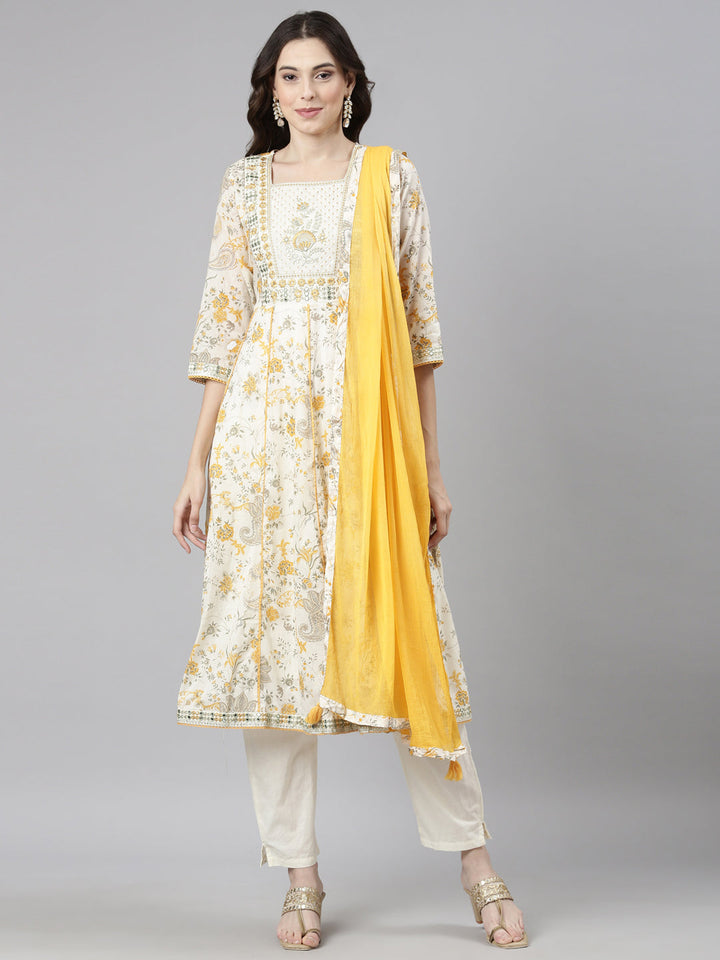 Neerus White cotton printed anarkali suit set - front view
