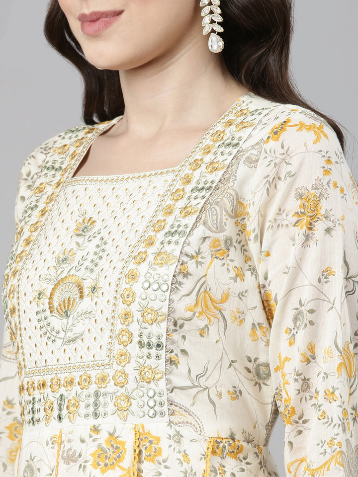 Neerus White cotton printed anarkali suit set - detail view 2