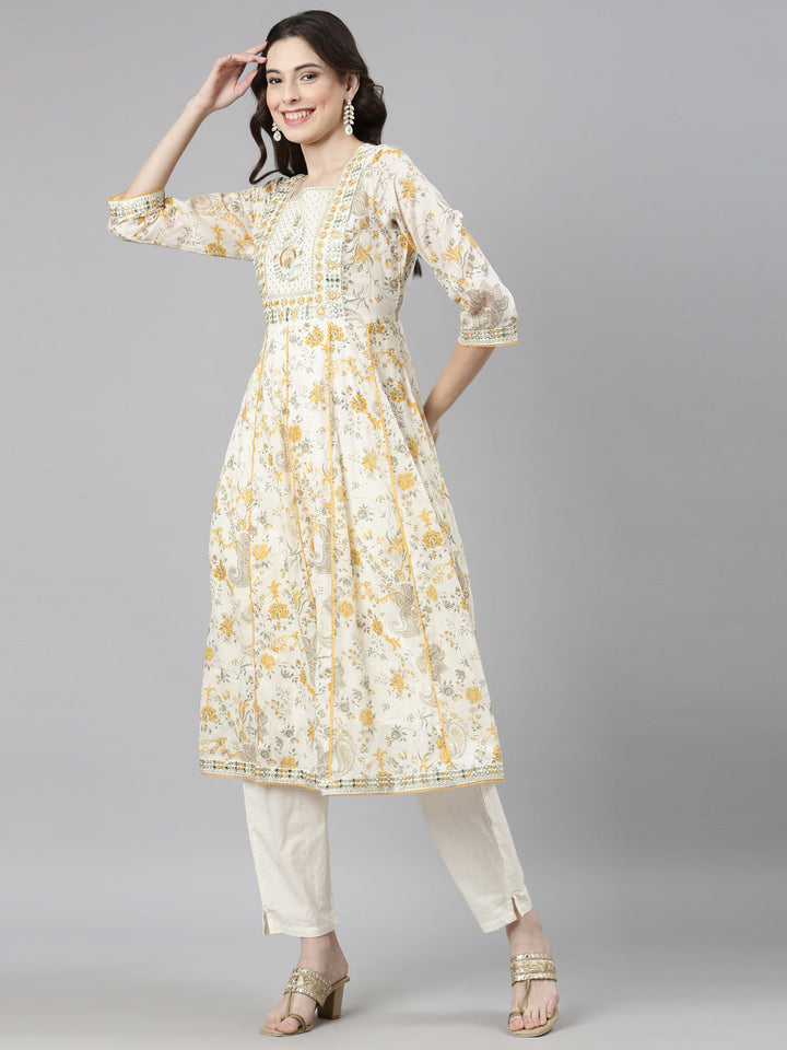 Neerus White cotton printed anarkali suit set - back view