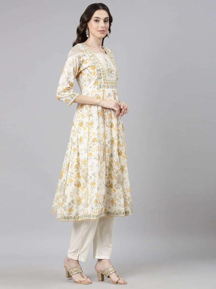 Neerus White cotton printed anarkali suit set - side view