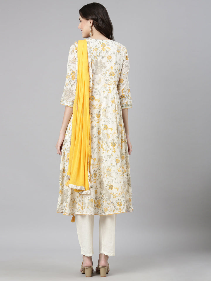 Neerus White cotton printed anarkali suit set - detail view 1