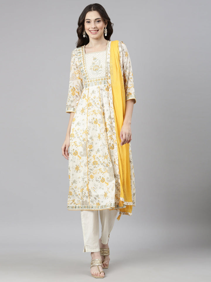 Neerus White cotton printed anarkali suit set - detail view 3
