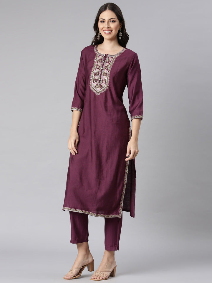 Neerus Purple Printed Straight Kurta and Trousers With Dupatta