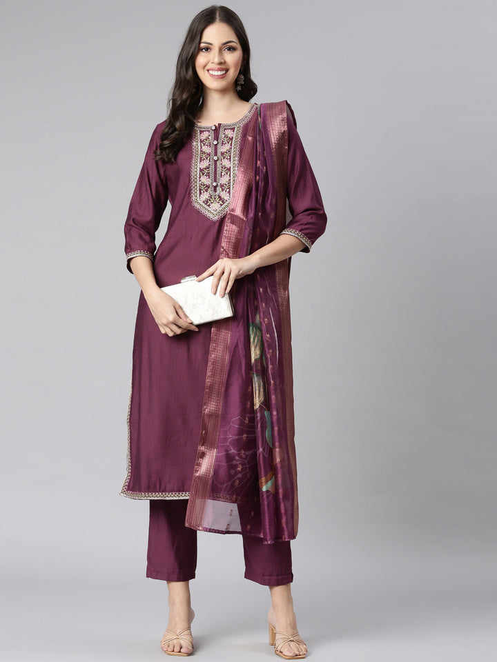 Neerus Purple Printed Straight Kurta and Trousers With Dupatta