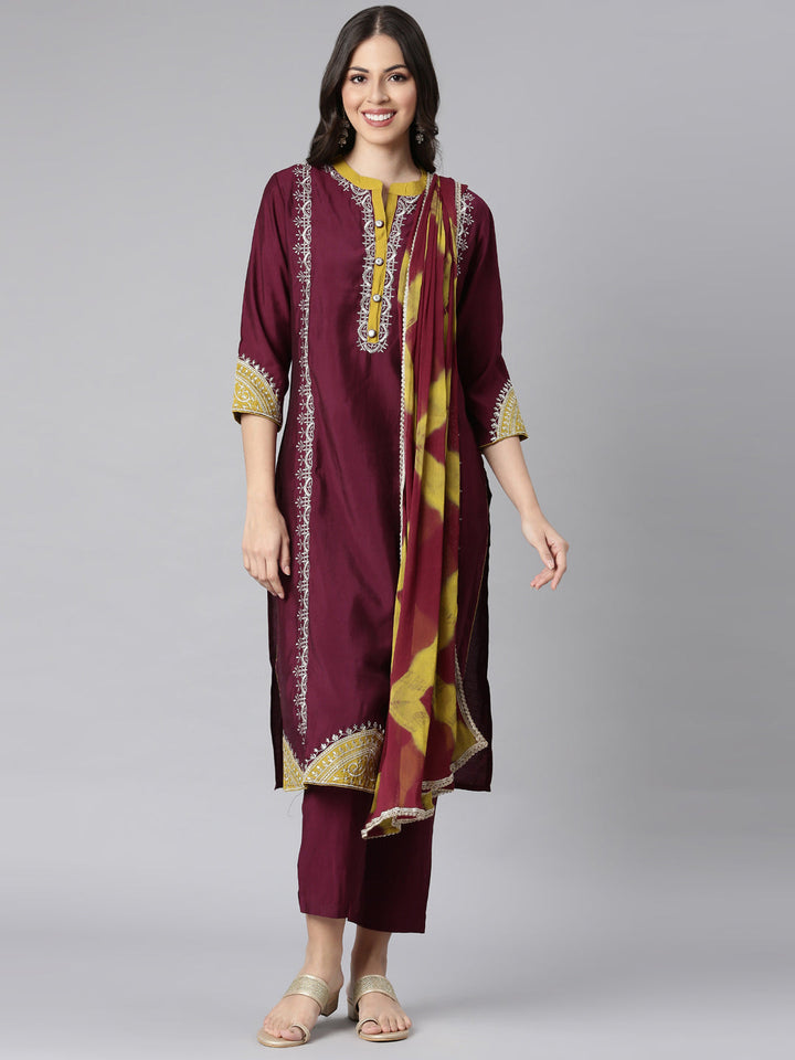 Neerus Red Solid Straight Kurta and Trousers With Dupatta