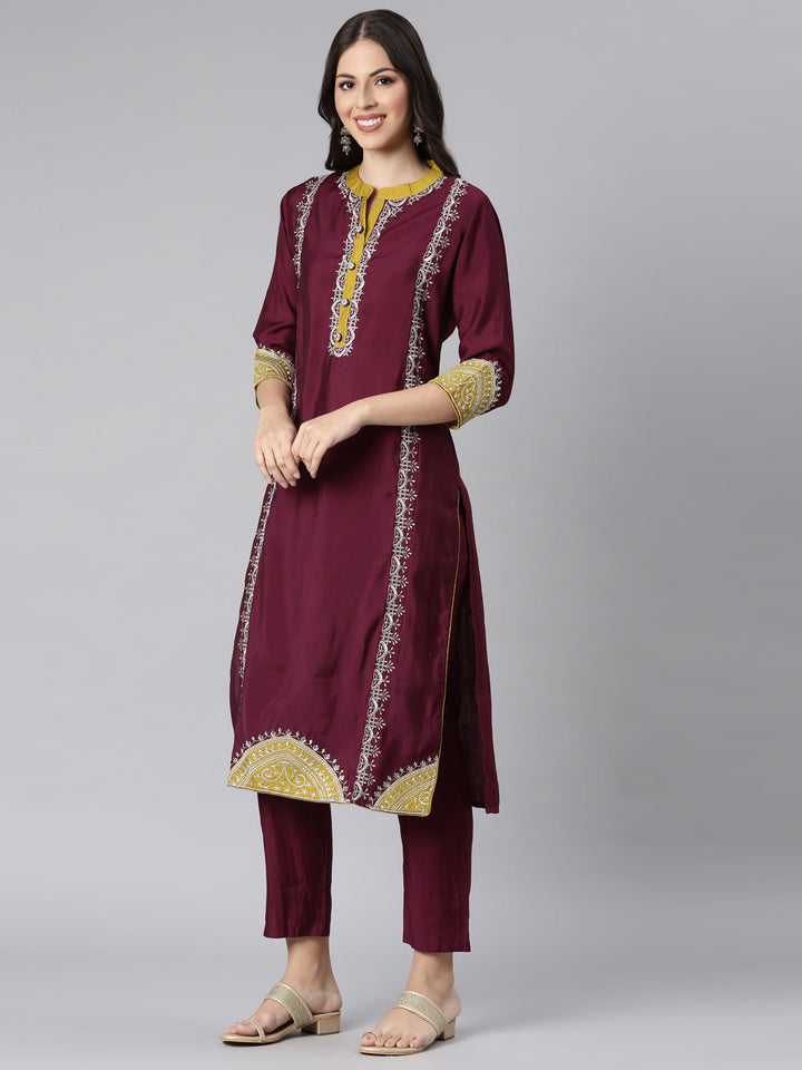 Neerus Red Solid Straight Kurta and Trousers With Dupatta