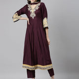Neerus Purple Casual Solid Anarkali Kurta and Trousers With Dupatta
