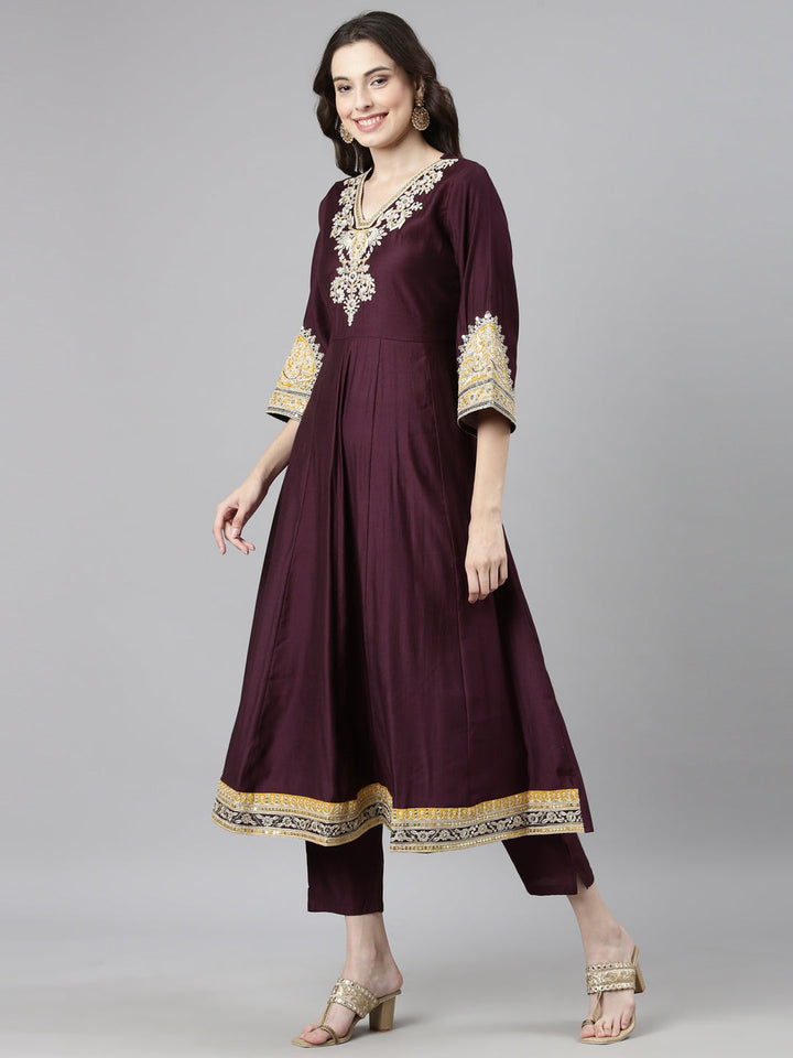 Neerus Purple Casual Solid Anarkali Kurta and Trousers With Dupatta