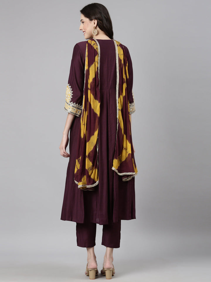 Neerus Purple Casual Solid Anarkali Kurta and Trousers With Dupatta