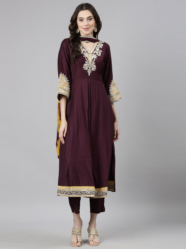 Neerus Purple Casual Solid Anarkali Kurta and Trousers With Dupatta