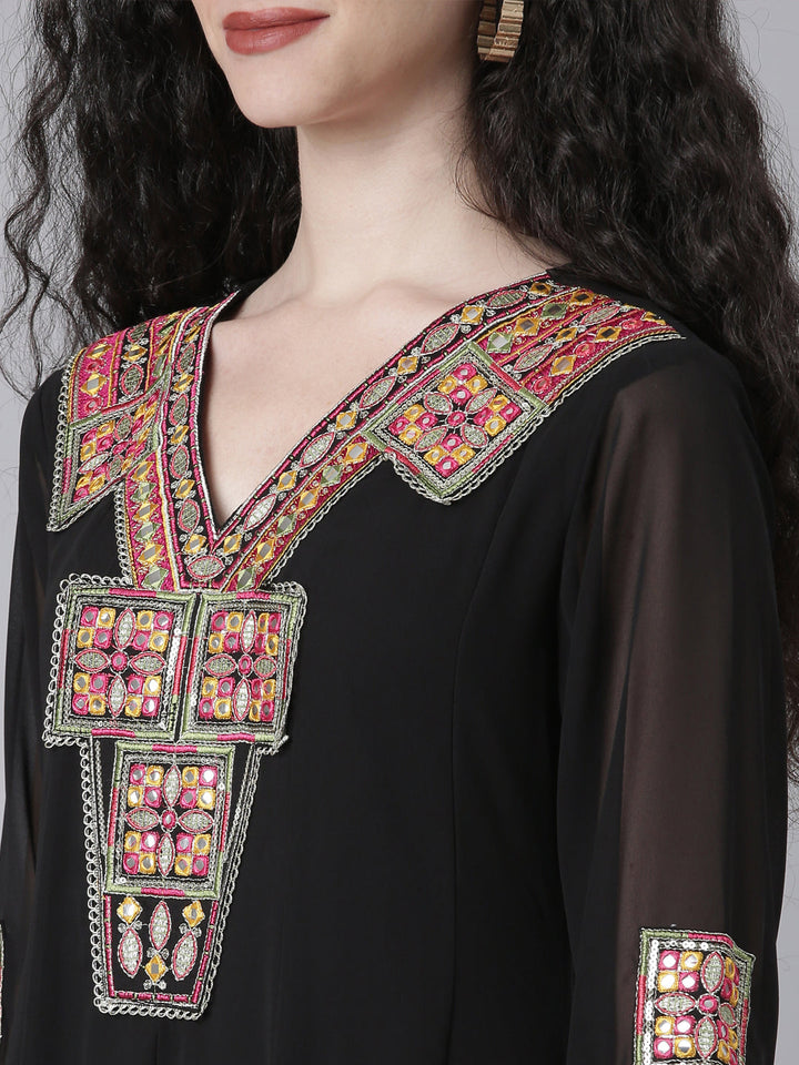 Neerus Black Solid Anarkali Kurta and Trousers With Dupatta