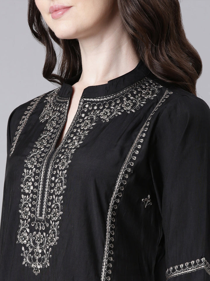 Neerus Black Solid Straight Kurta and Trousers With Dupatta