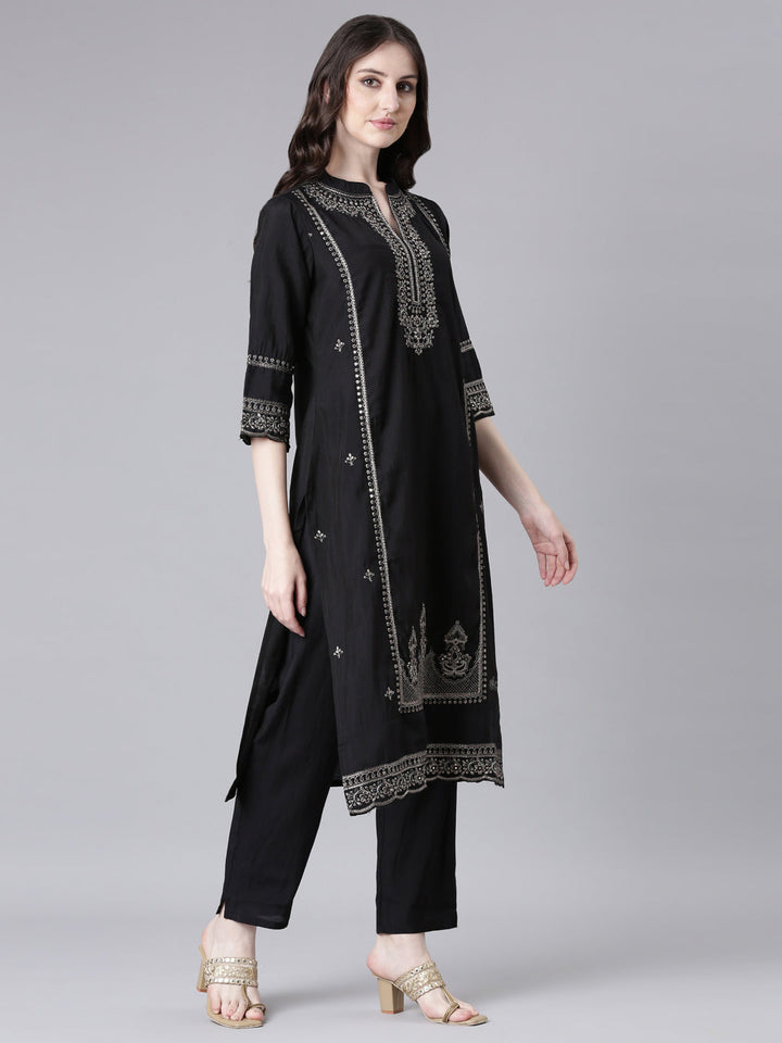 Neerus Black Solid Straight Kurta and Trousers With Dupatta