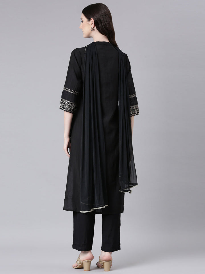 Neerus Black Solid Straight Kurta and Trousers With Dupatta