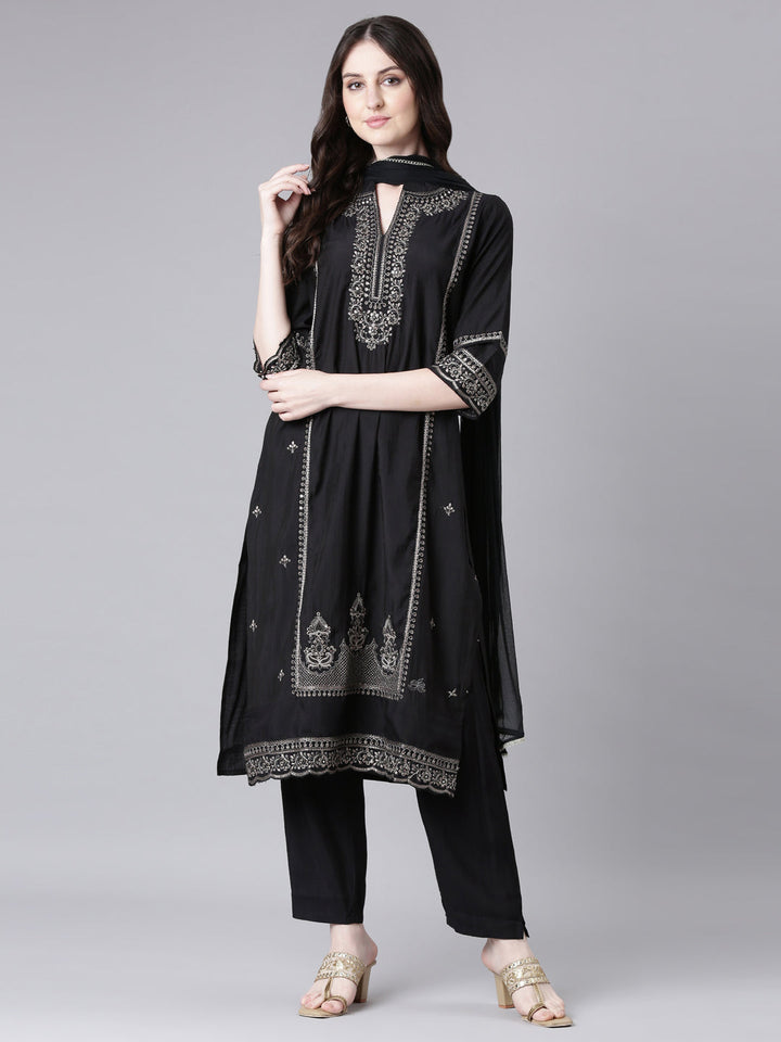 Neerus Black Solid Straight Kurta and Trousers With Dupatta