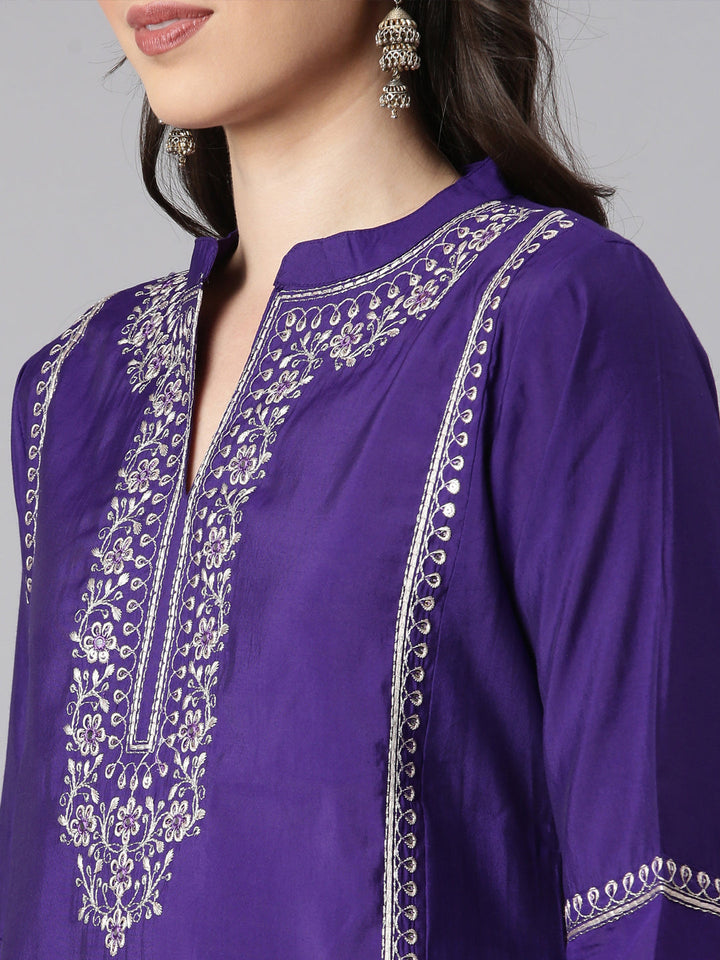 Neerus Purple Solid Straight Kurta and Trousers With Dupatta