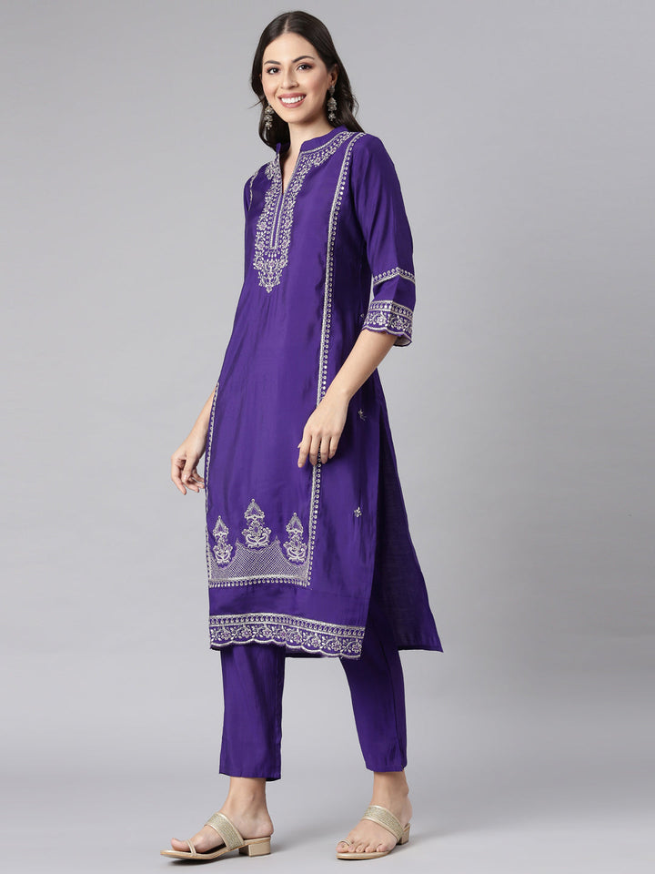 Neerus Purple Solid Straight Kurta and Trousers With Dupatta