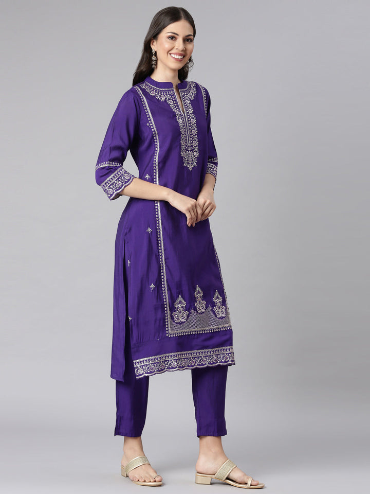 Neerus Purple Solid Straight Kurta and Trousers With Dupatta
