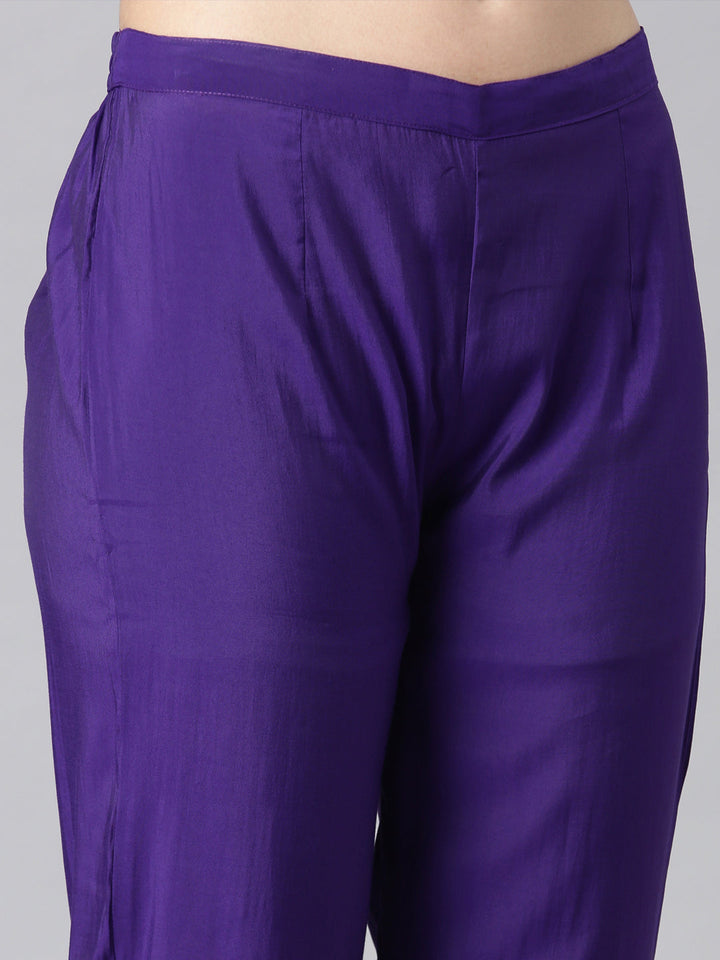 Neerus Purple Solid Straight Kurta and Trousers With Dupatta