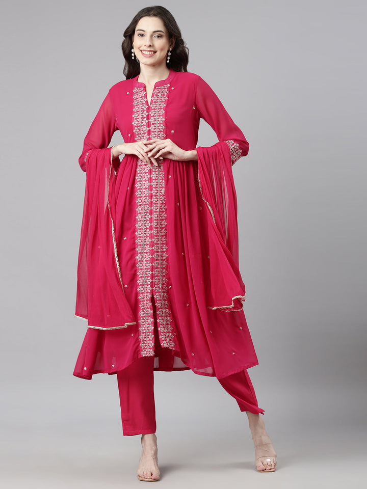 Neerus Pink Casual Solid Anarkali Kurta and Trousers With Dupatta