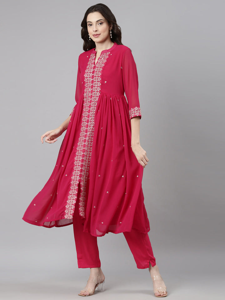 Neerus Pink Casual Solid Anarkali Kurta and Trousers With Dupatta