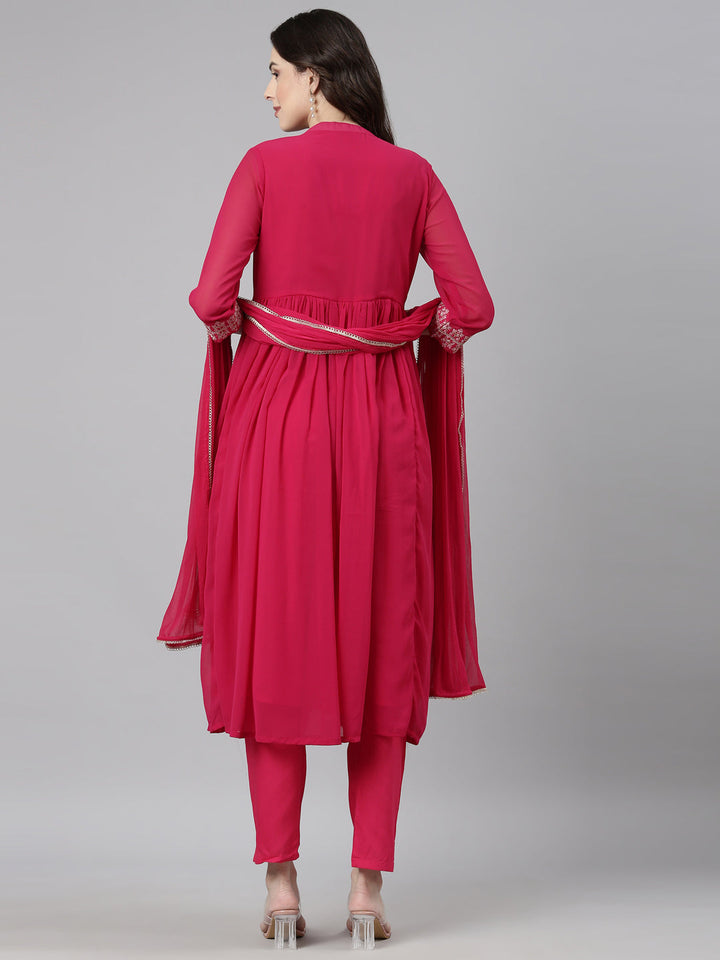 Neerus Pink Casual Solid Anarkali Kurta and Trousers With Dupatta