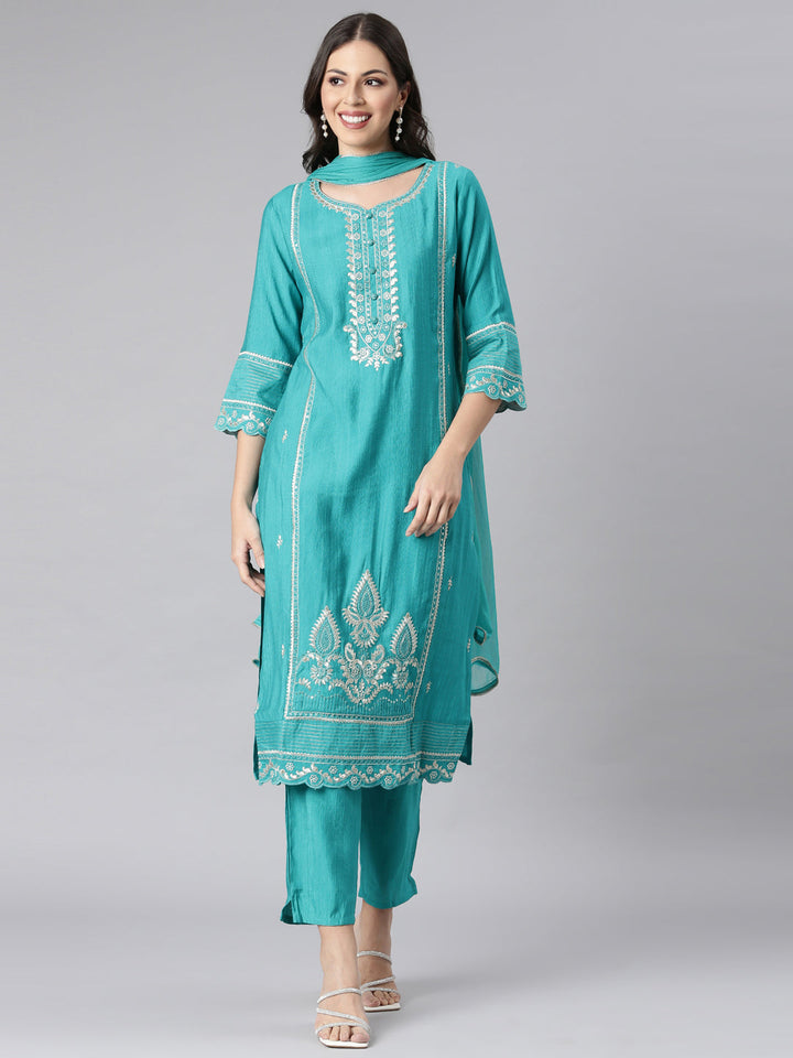 Neerus Green Solid Straight Kurta and Trousers With Dupatta
